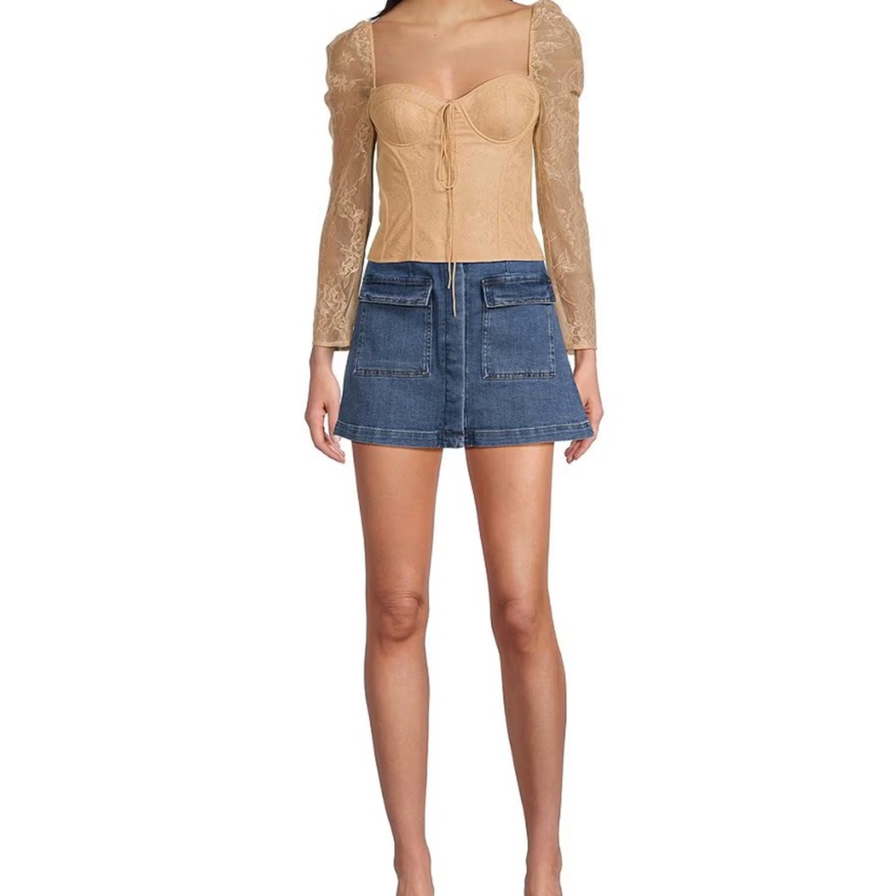 Laura Woven Lace Sweetheart Neck Tie Front Long Sleeve Fitted Blouse Biscuit - Picture 4 of 5